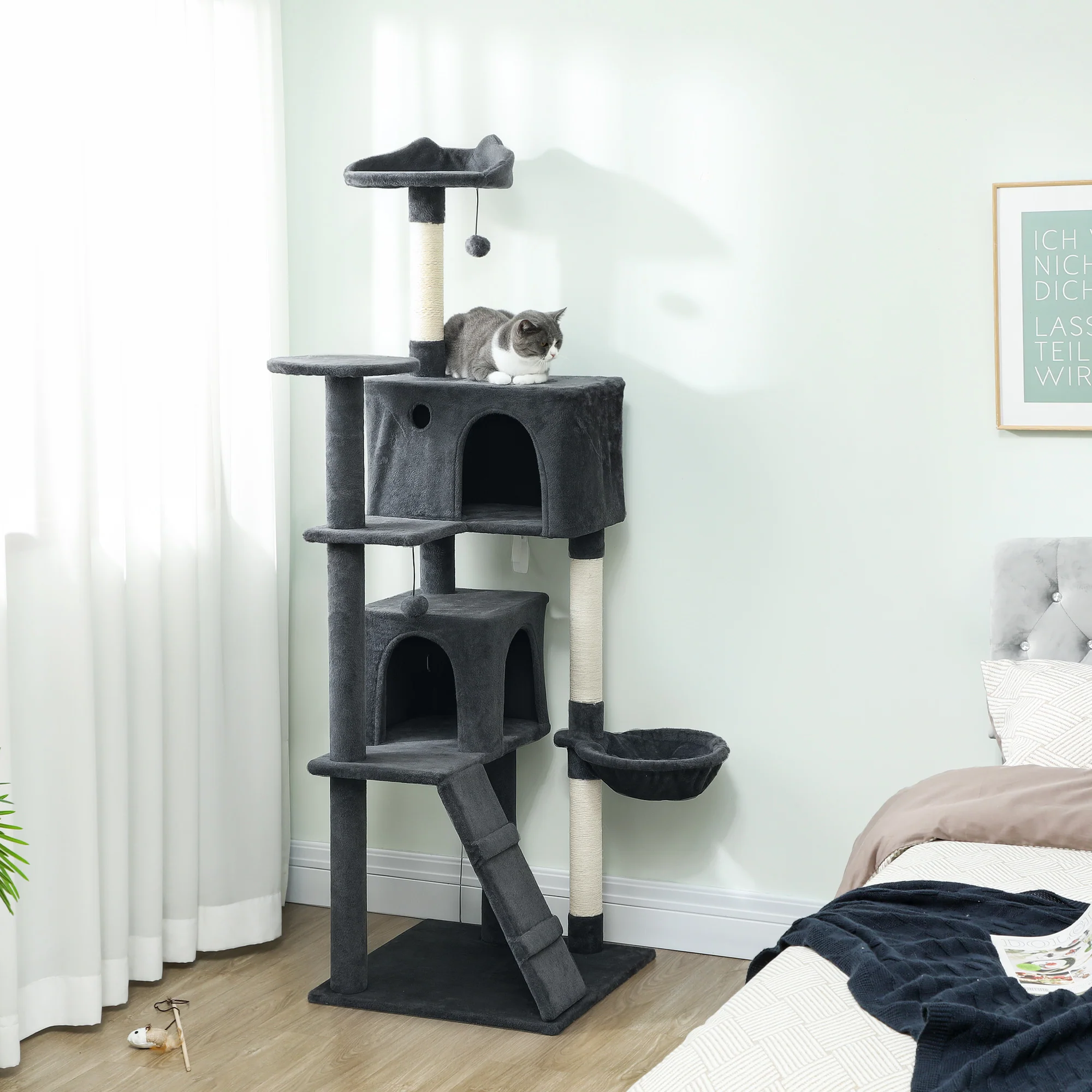 PawHut Cat Tree With Sisal Scratching Posts, Cat Houses, Dark Grey - Image 20