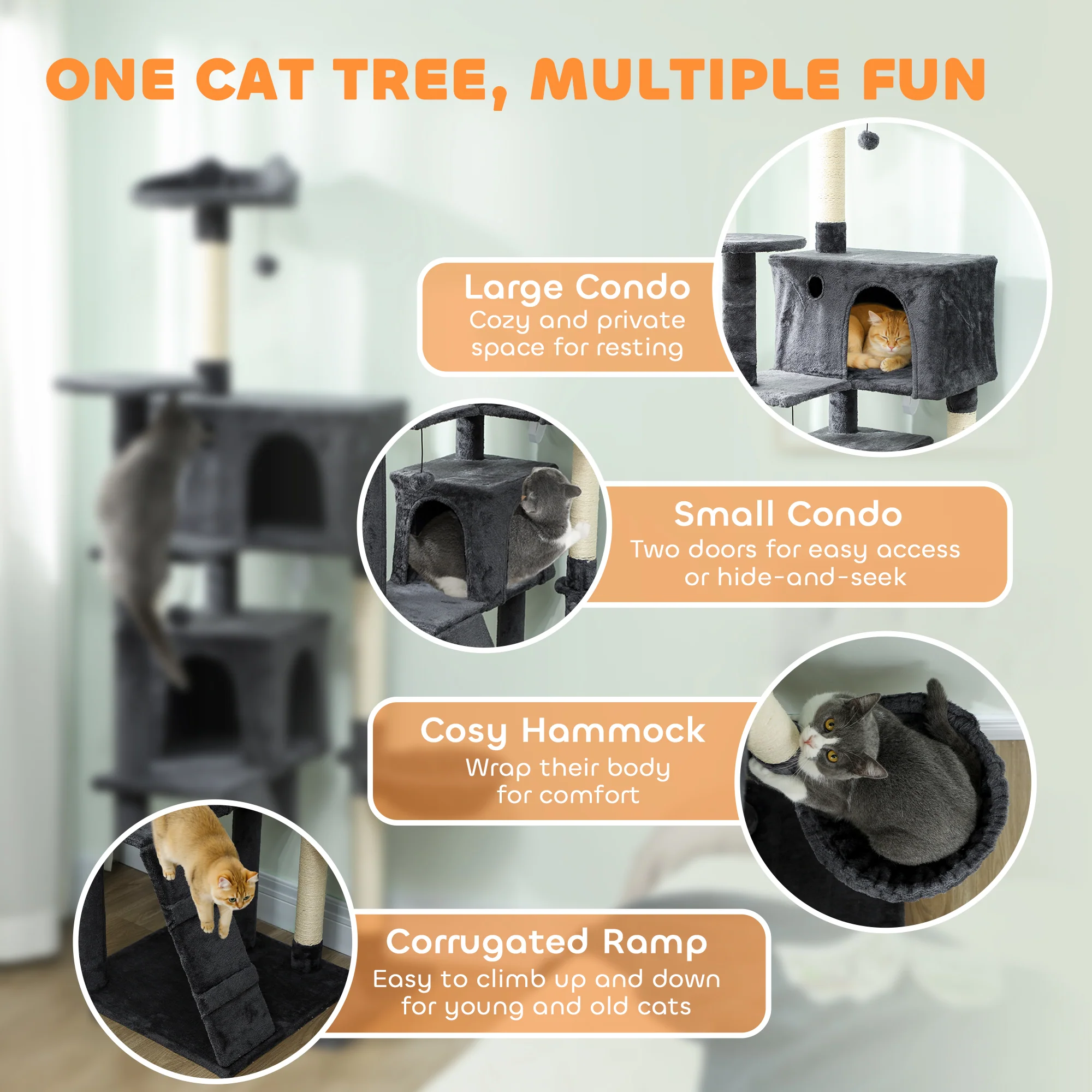 PawHut Cat Tree With Sisal Scratching Posts, Cat Houses, Dark Grey - Image 21