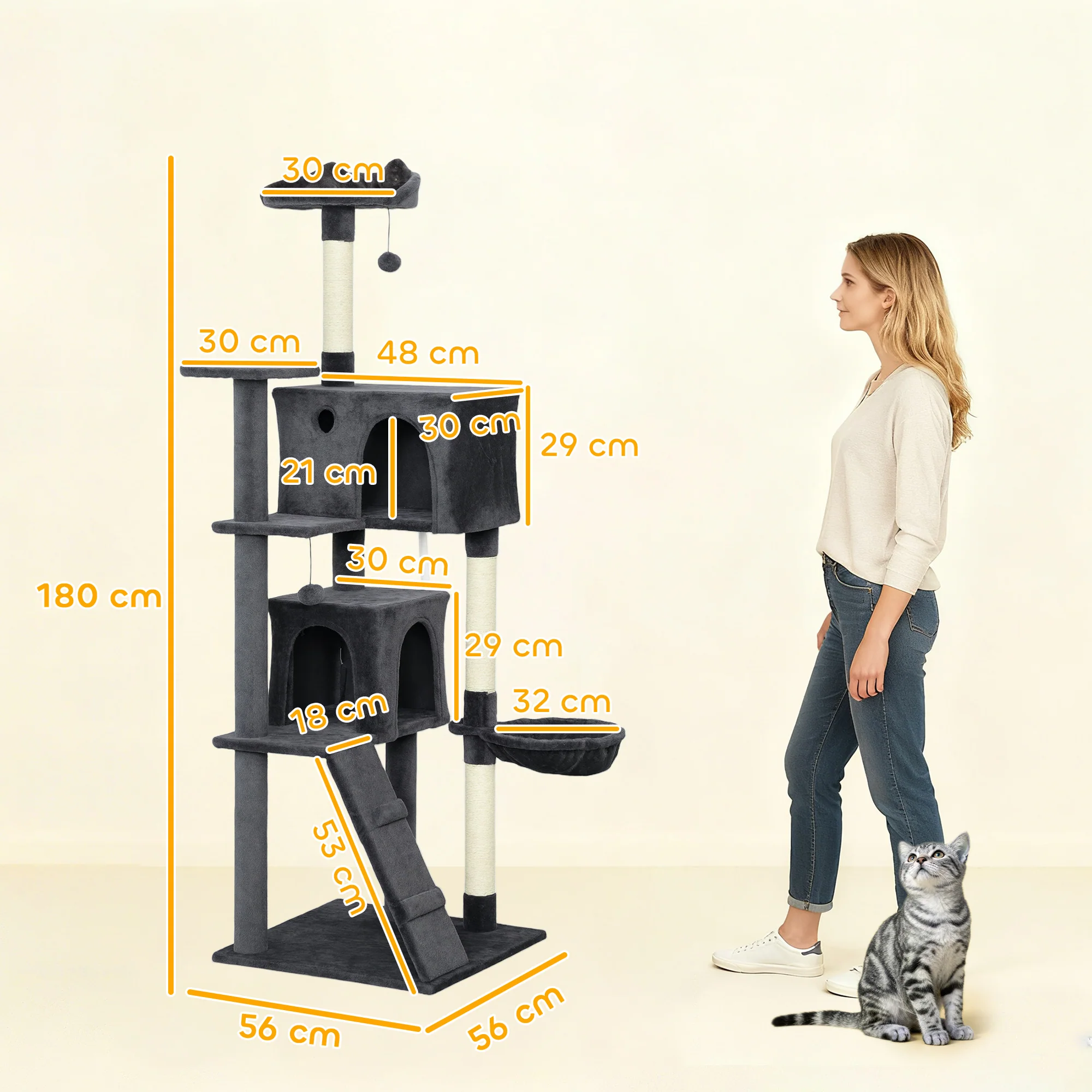 PawHut Cat Tree With Sisal Scratching Posts, Cat Houses, Dark Grey - Image 23