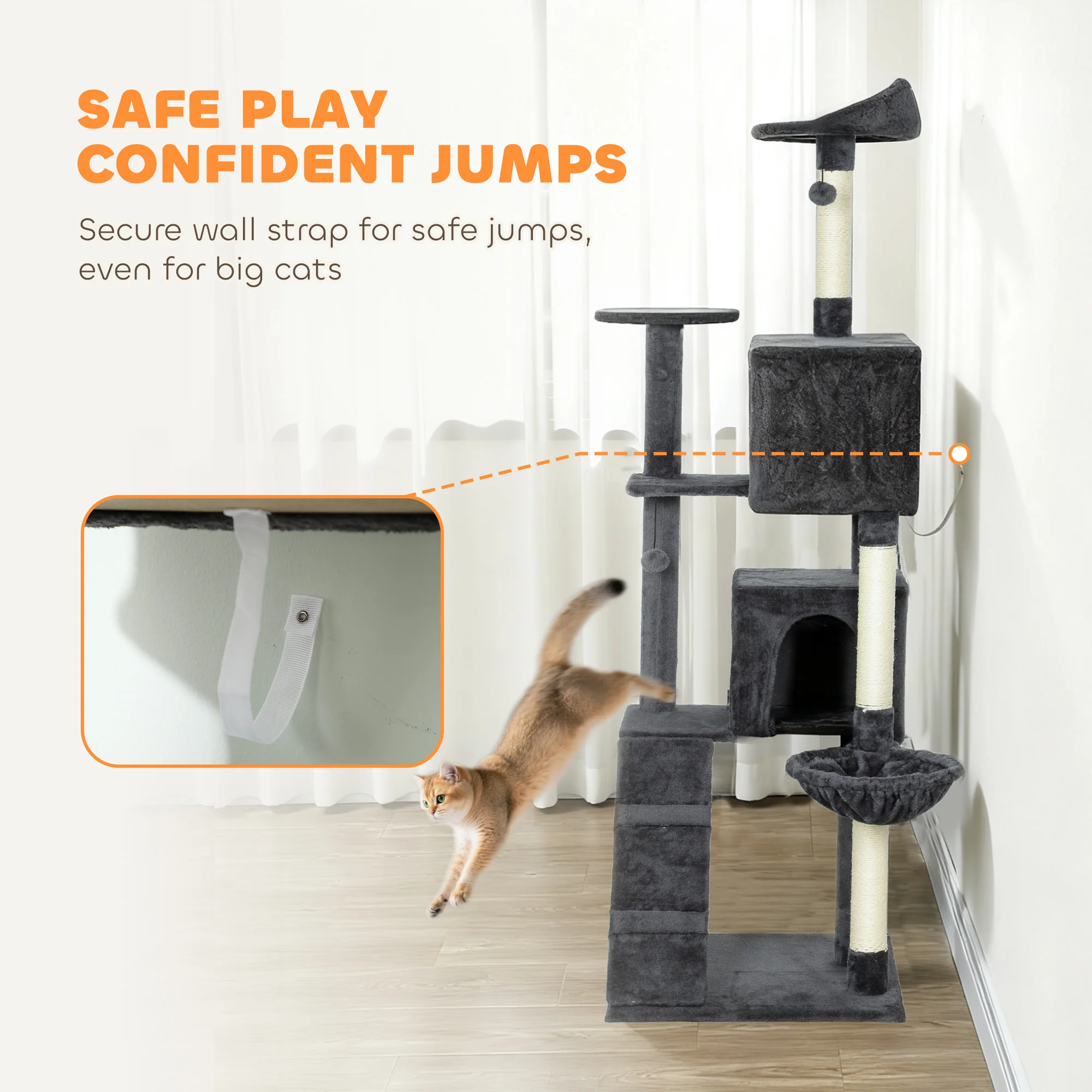 PawHut Cat Tree With Sisal Scratching Posts, Cat Houses, Dark Grey - Image 24