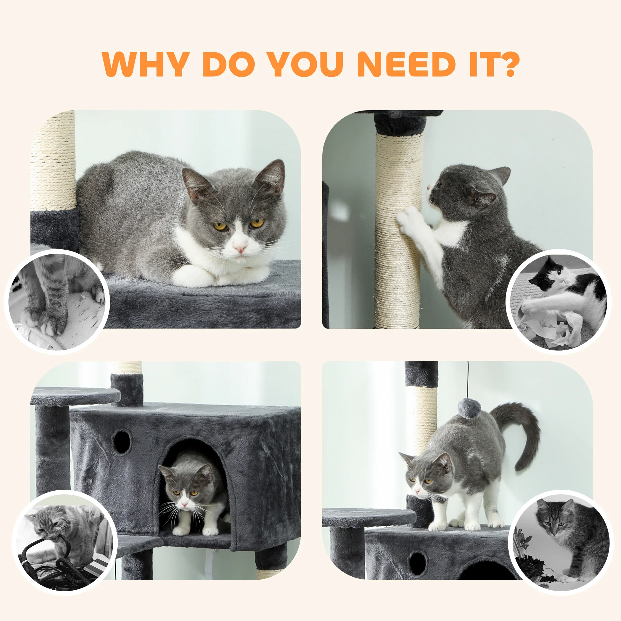 PawHut Cat Tree With Sisal Scratching Posts, Cat Houses, Dark Grey - Image 26