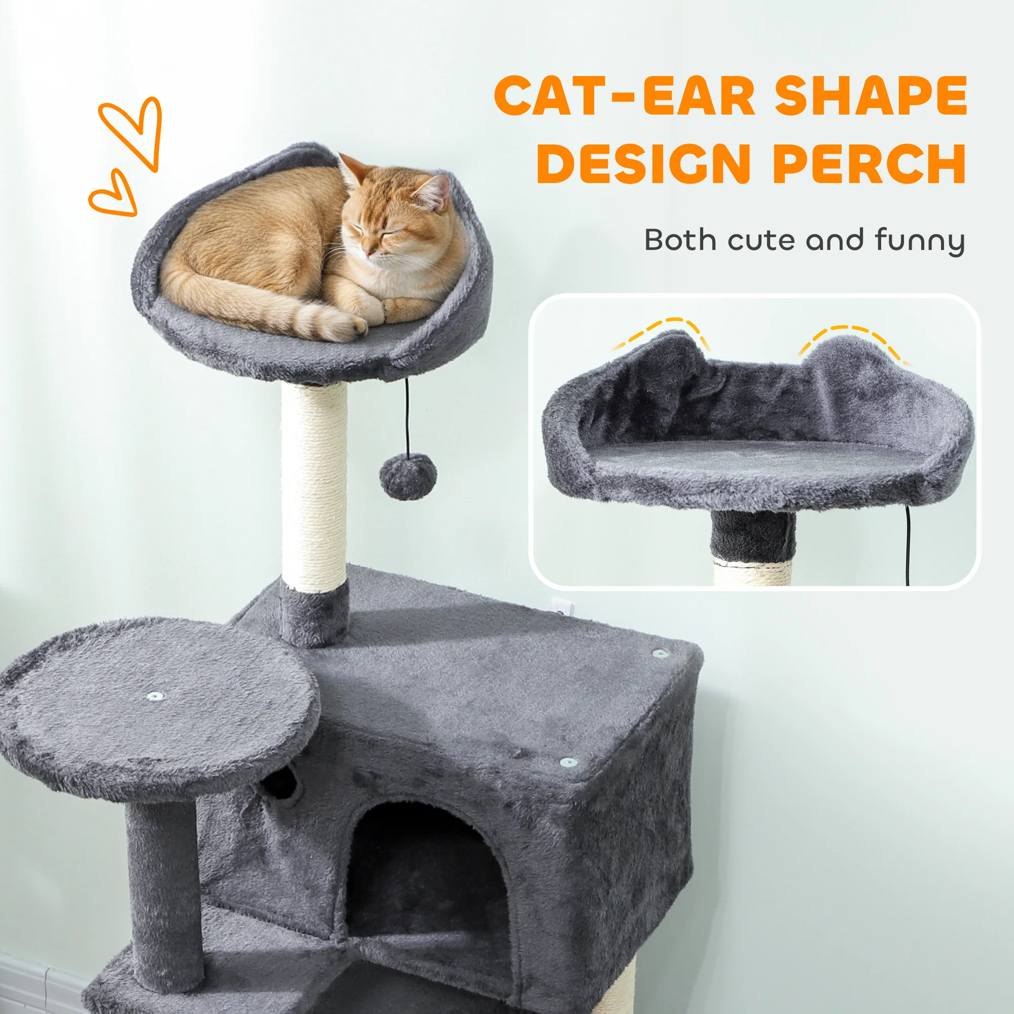 PawHut Cat Tree With Sisal Scratching Posts, Cat Houses, Dark Grey - Image 4