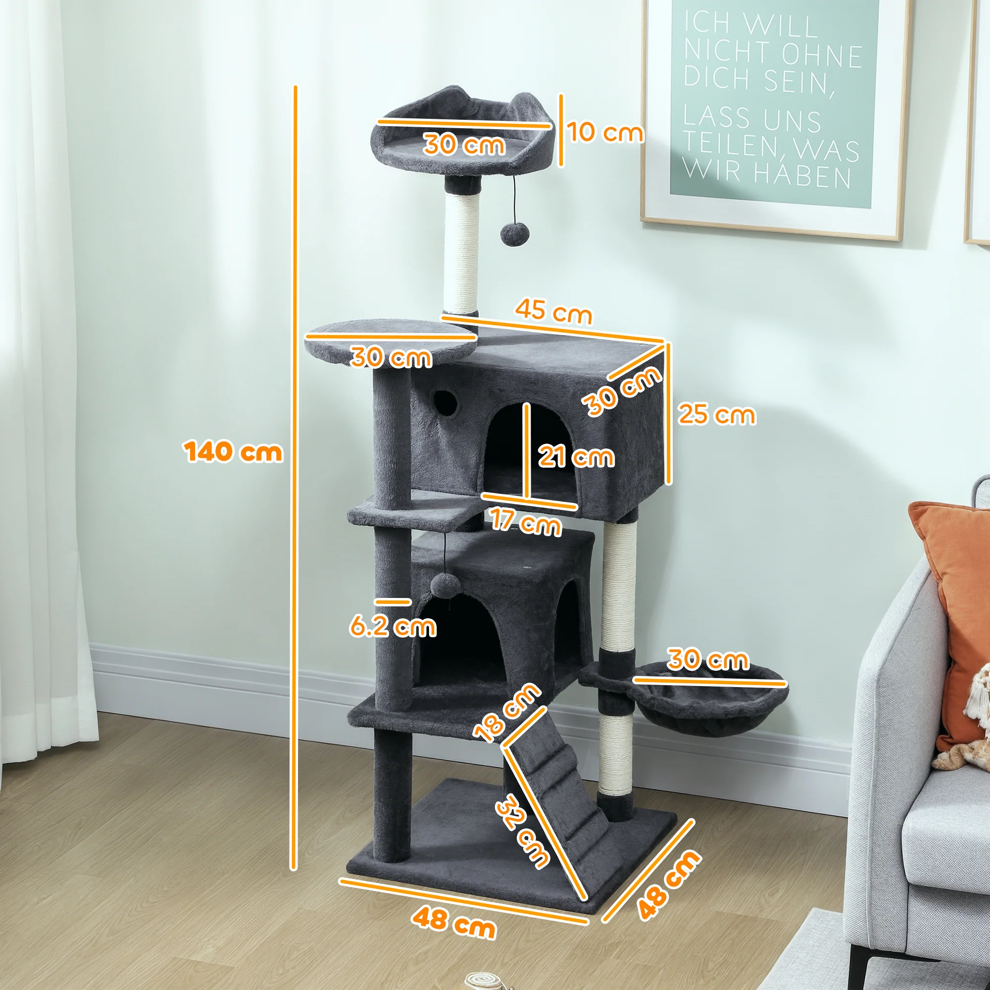 PawHut Cat Tree With Sisal Scratching Posts, Cat Houses, Dark Grey - Image 5