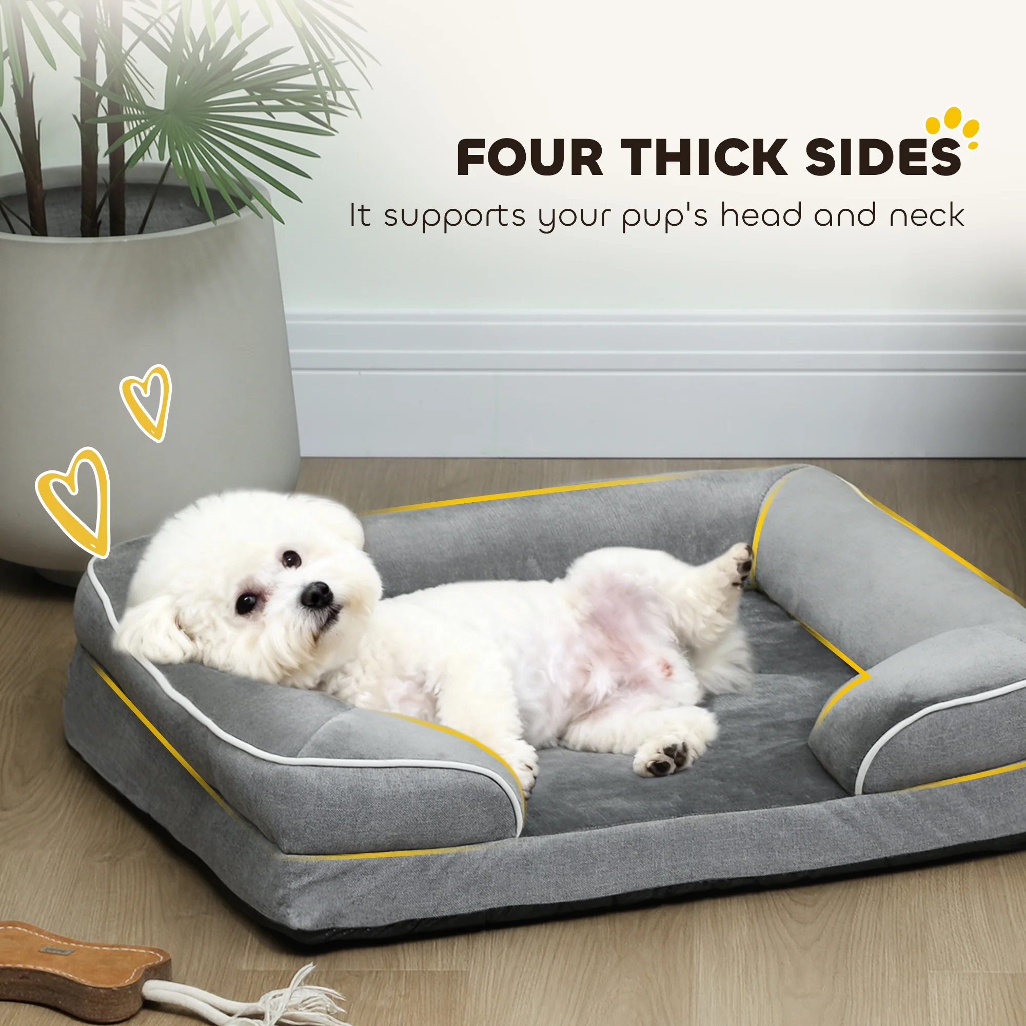 PawHut Dog Sofa Bed, Washable Pet Bed With Non-Slip Bottom, Grey - Image 4