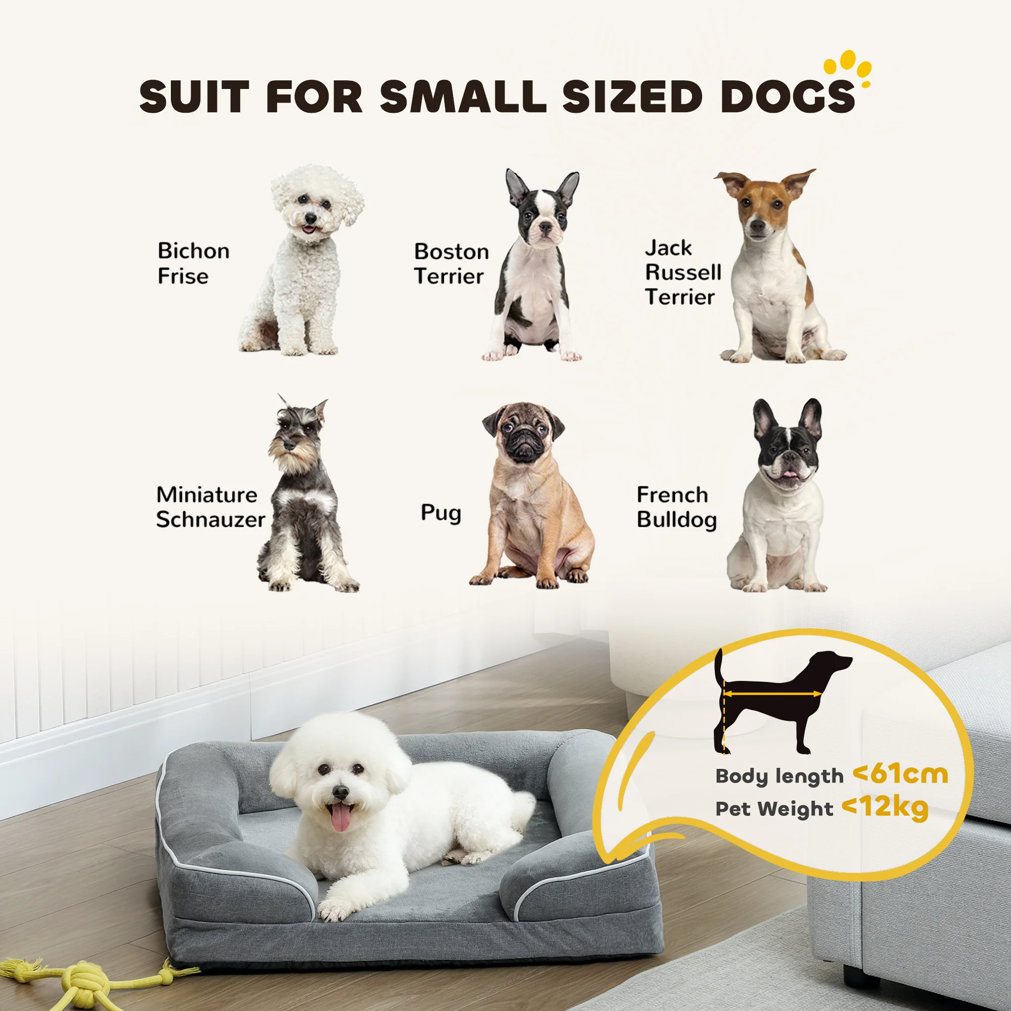 PawHut Dog Sofa Bed, Washable Pet Bed With Non-Slip Bottom, Grey - Image 8