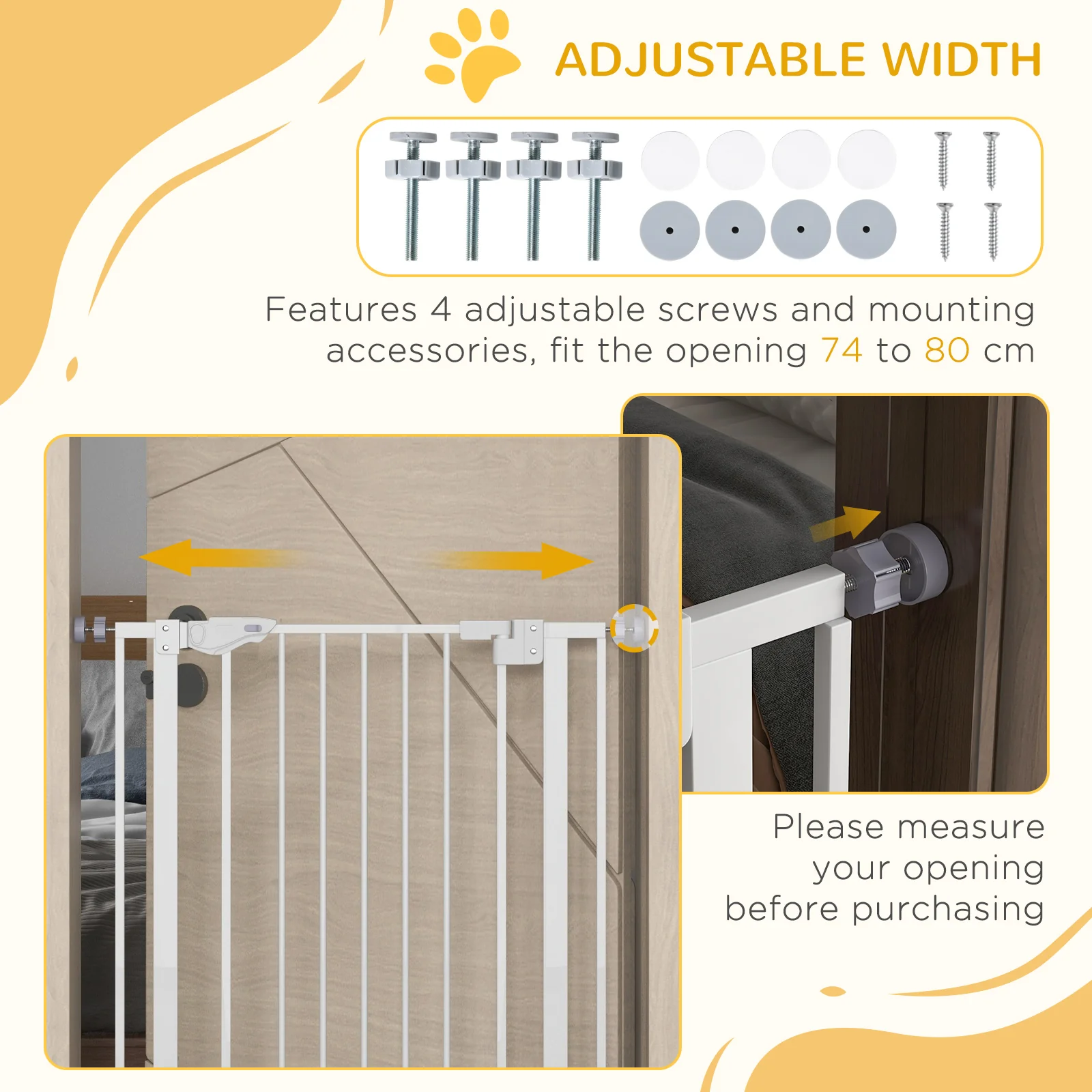 PawHut Extra Tall Dog Gate with Cat Door Auto Close for Stairs 74-80 cm Wide - Image 6