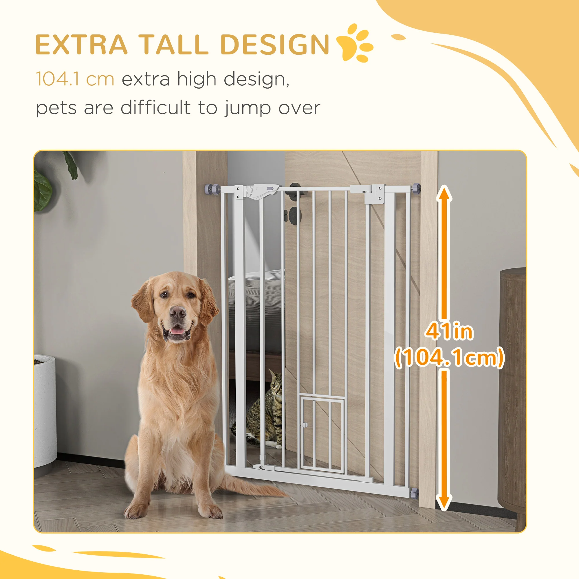 PawHut Extra Tall Dog Gate with Cat Door Auto Close for Stairs 74-80 cm Wide - Image 8