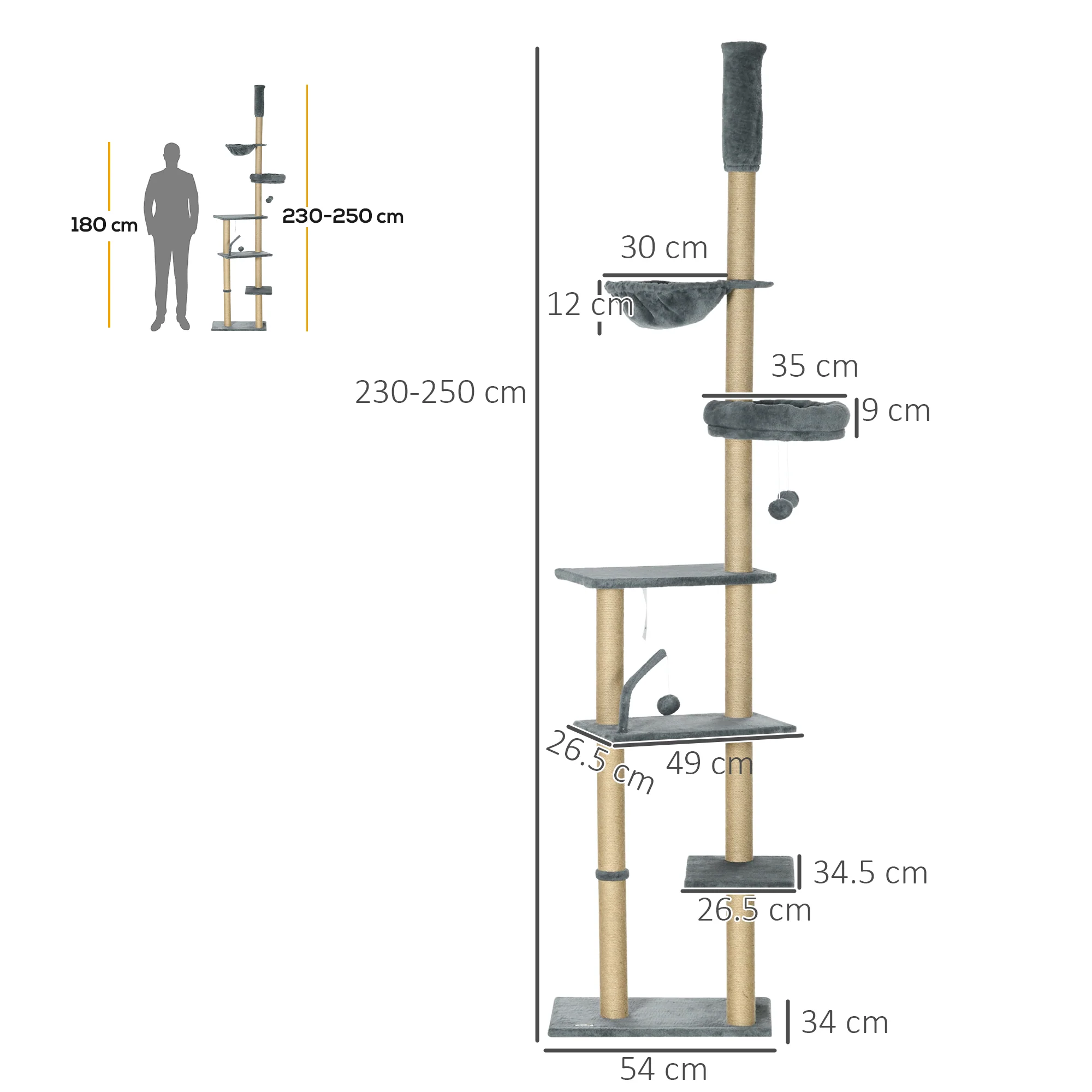 PawHut Floor To Ceiling Climbing Cat Tree Tower, 230-250cm Height, Grey - Image 3