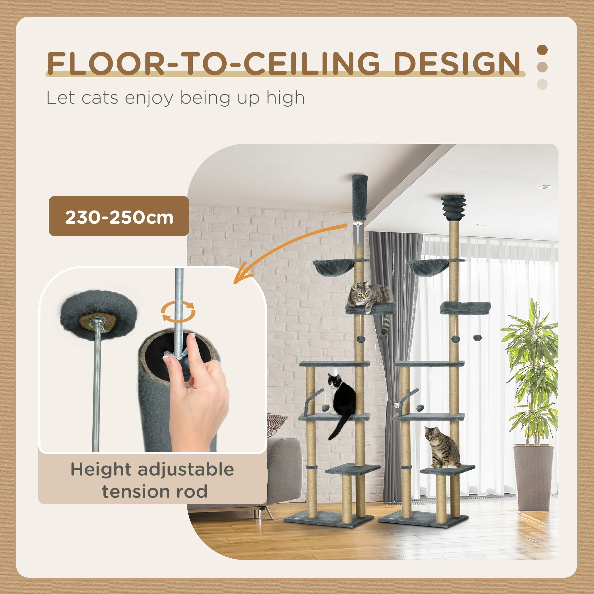 PawHut Floor To Ceiling Climbing Cat Tree Tower, 230-250cm Height, Grey - Image 5