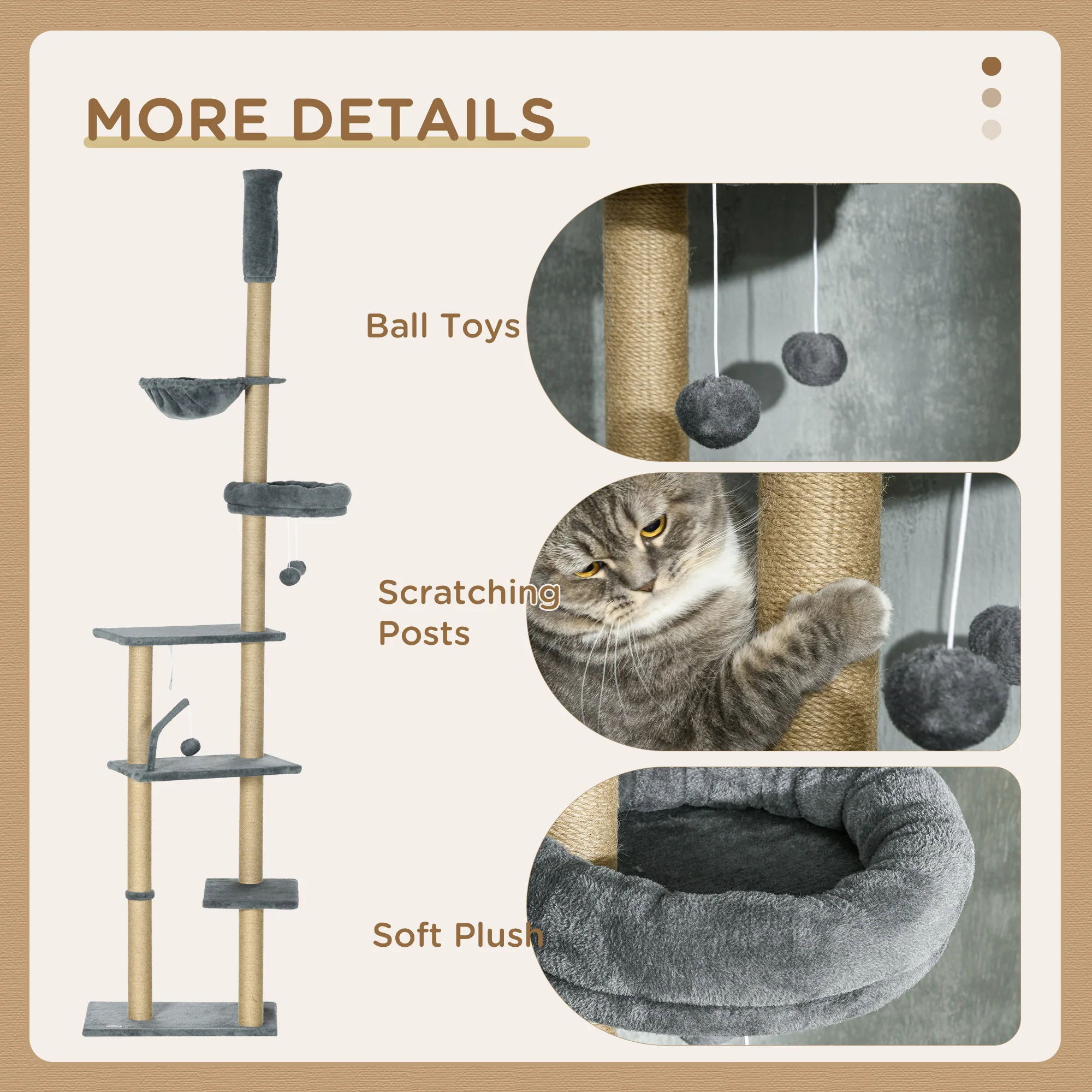 PawHut Floor To Ceiling Climbing Cat Tree Tower, 230-250cm Height, Grey - Image 6