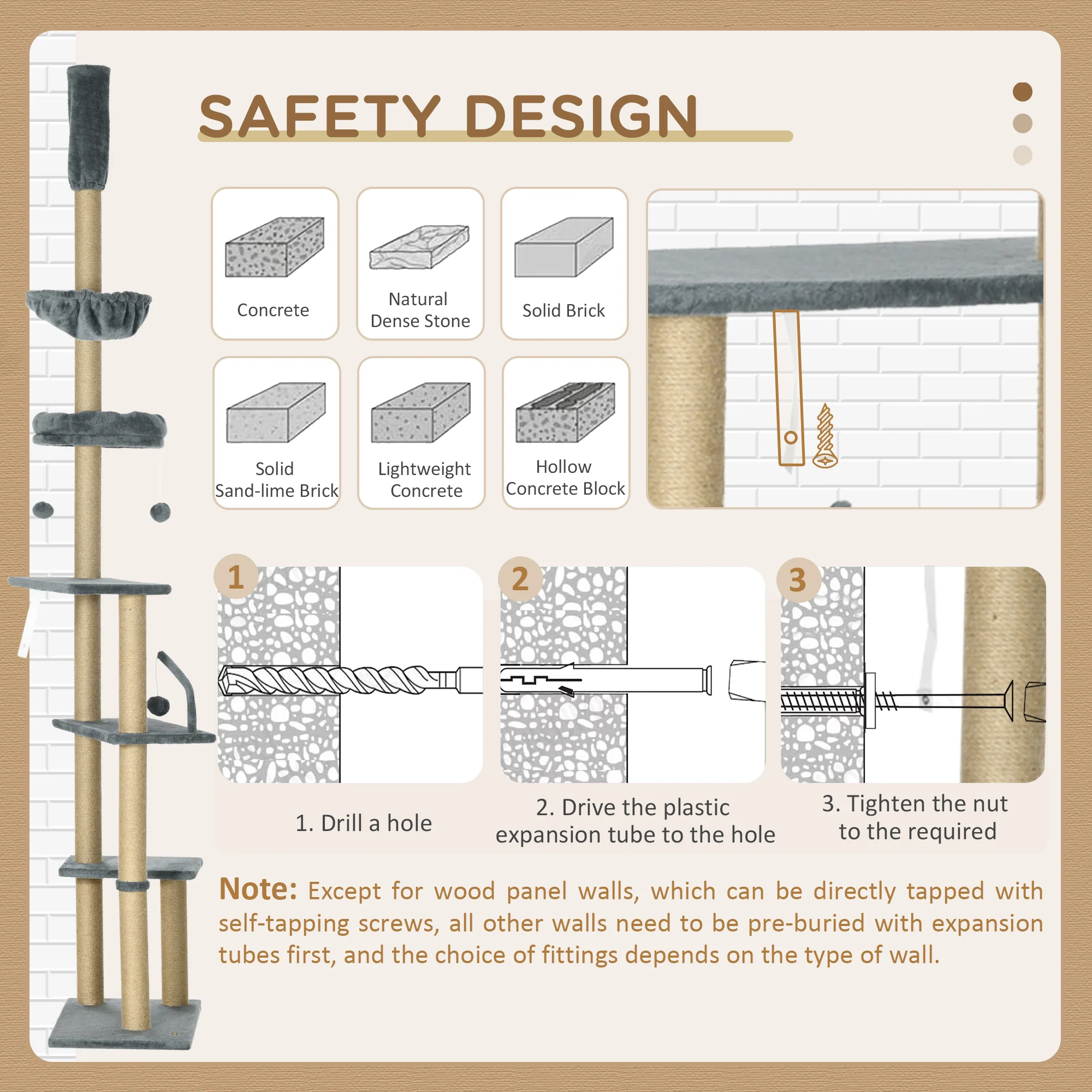 PawHut Floor To Ceiling Climbing Cat Tree Tower, 230-250cm Height, Grey - Image 7