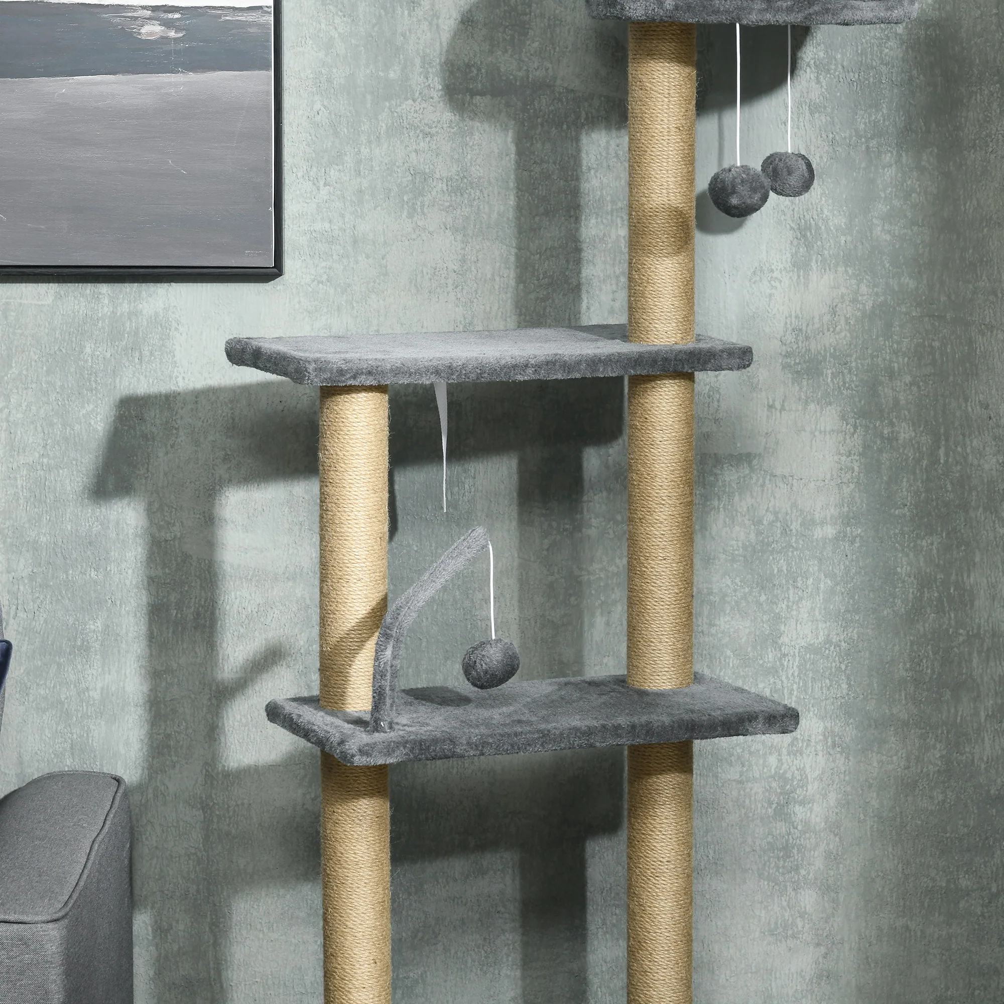 PawHut Floor To Ceiling Climbing Cat Tree Tower, 230-250cm Height, Grey - Image 8