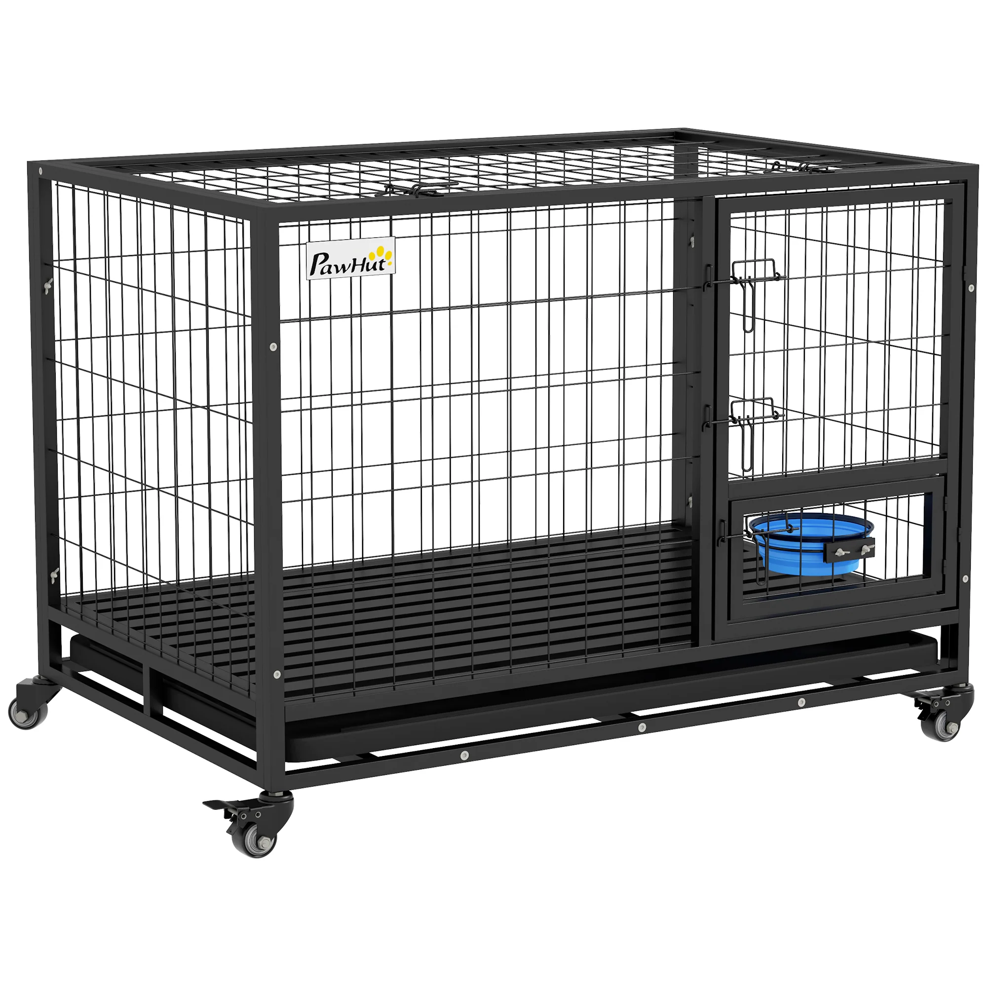 PawHut Heavy Duty Dog Crate On Wheels W/ Bowl Holder, Removable Tray - Image 10