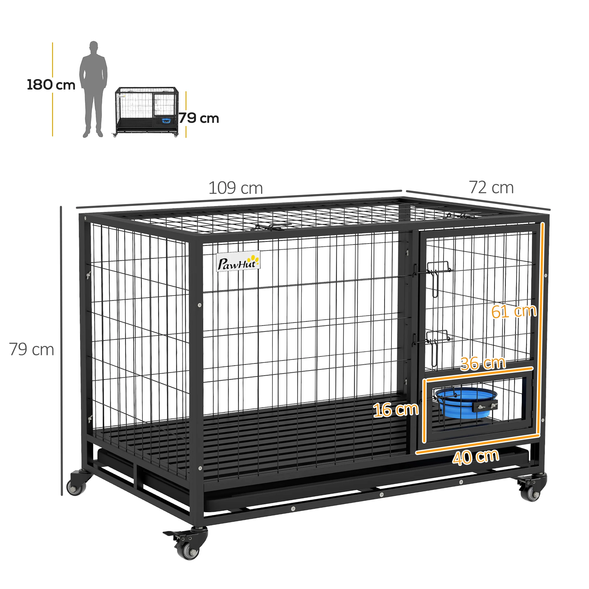 PawHut Heavy Duty Dog Crate On Wheels W/ Bowl Holder, Removable Tray - Image 14