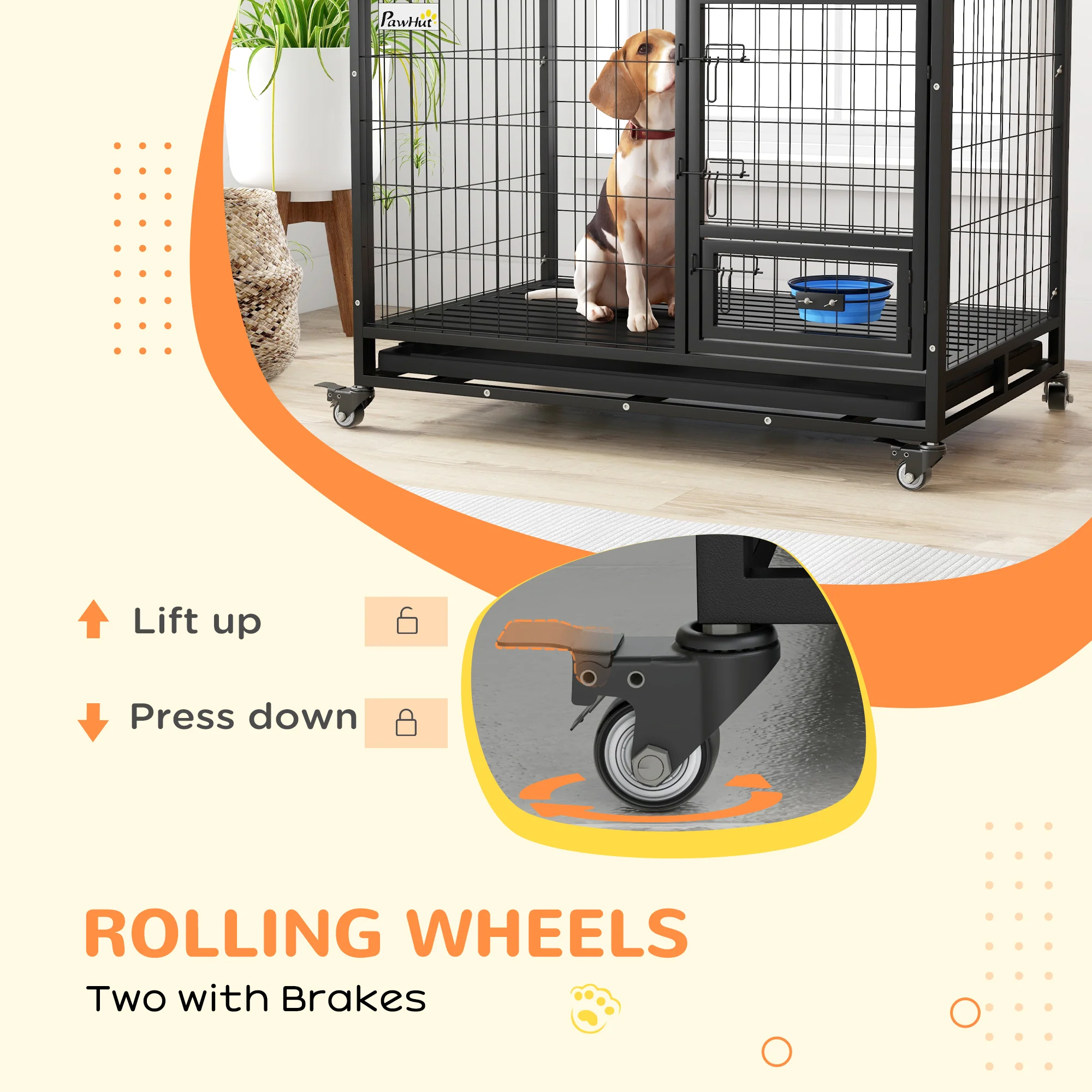 PawHut Heavy Duty Dog Crate On Wheels W/ Bowl Holder, Removable Tray - Image 18
