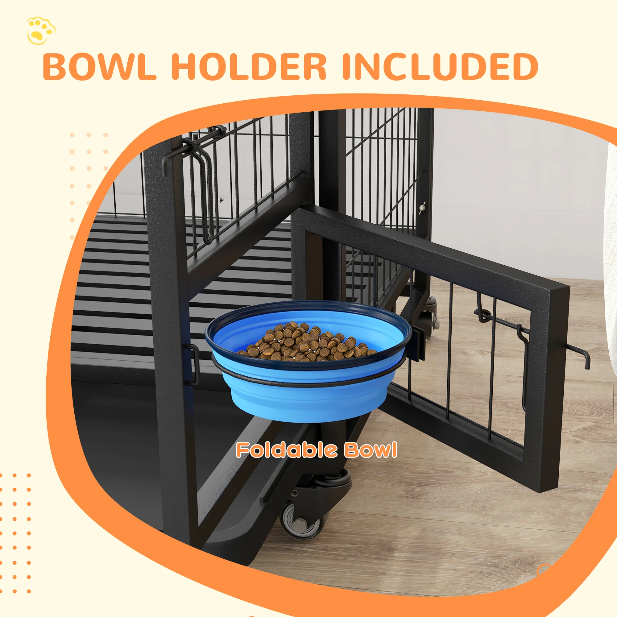 PawHut Heavy Duty Dog Crate On Wheels W/ Bowl Holder, Removable Tray - Image 4