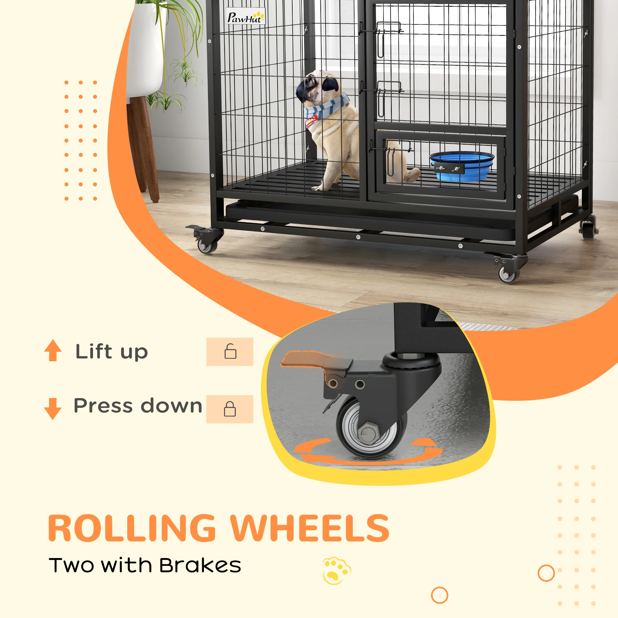 PawHut Heavy Duty Dog Crate On Wheels W/ Bowl Holder, Removable Tray - Image 9