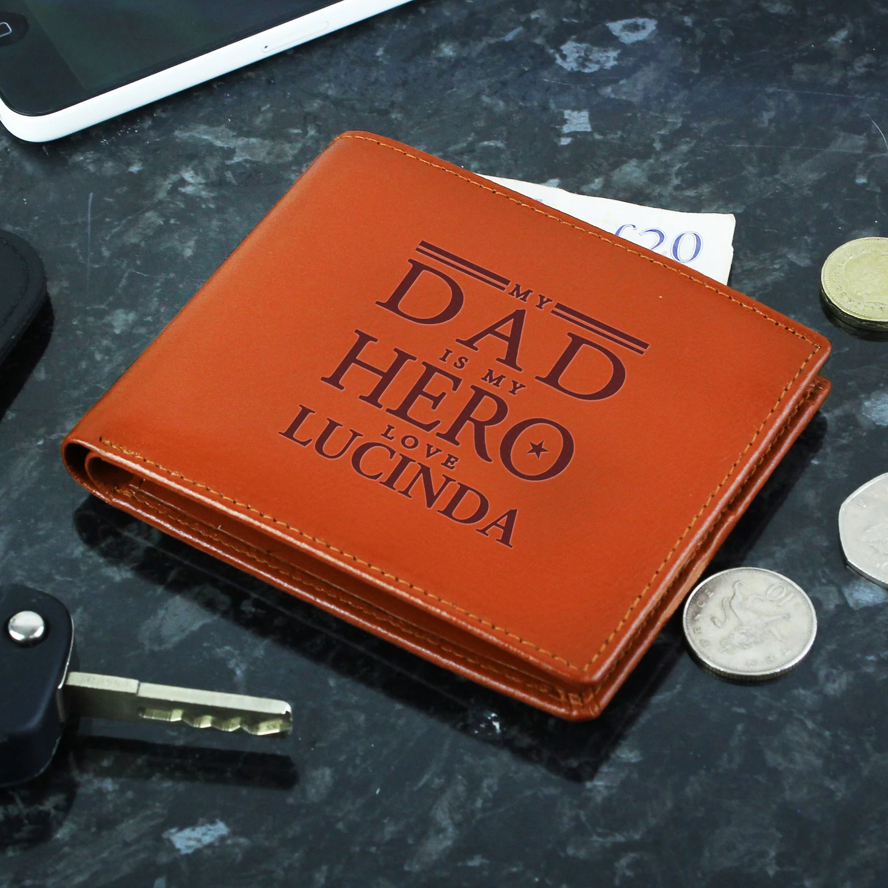 Personalised My Dad is My Hero Tan Leather Wallet - Image 5