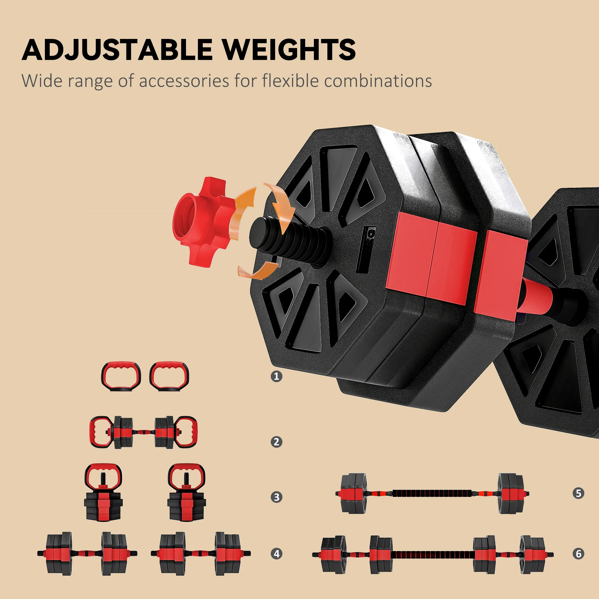 SPORTNOW 6-in-1 Adjustable Weight Dumbbells Set, Free Weights Set, Red - Image 4