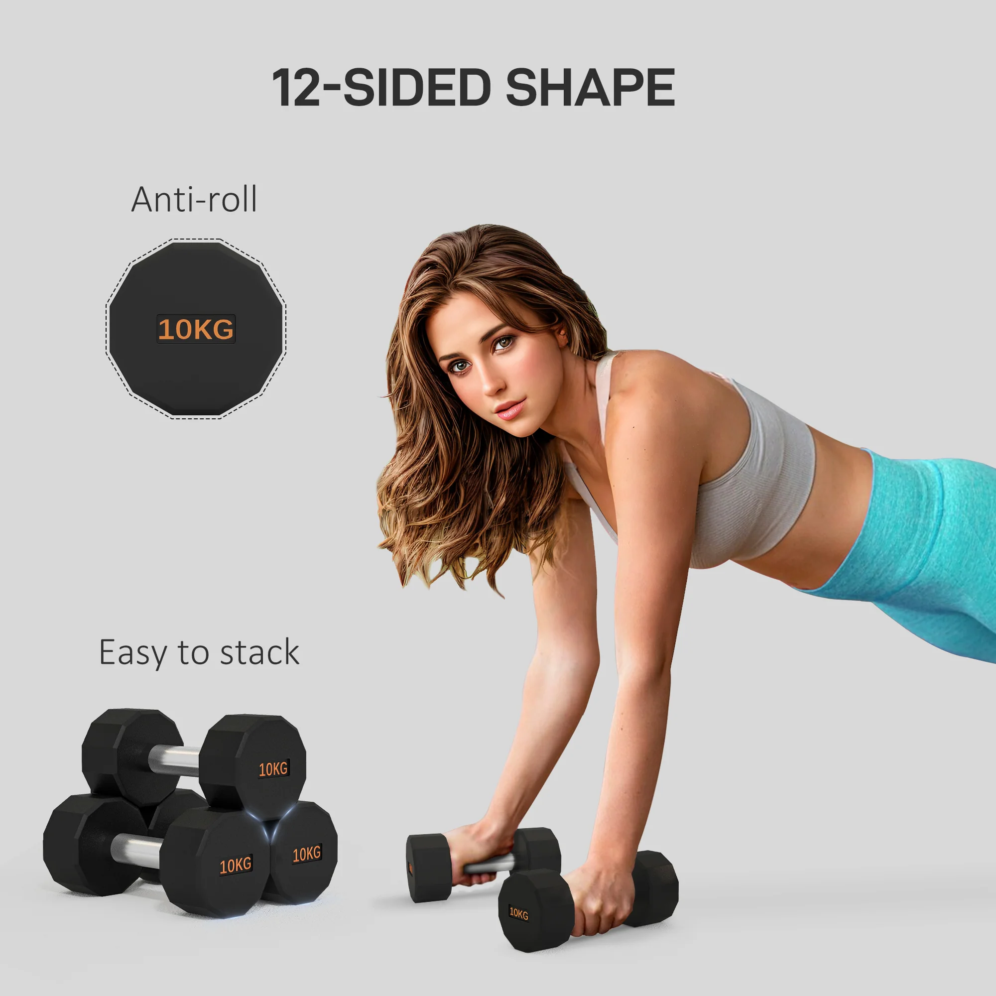 2 X 10kg SPORTNOW Dumbbells Weights Set With 12-Sided Shape And Non-Slip Grip - Image 3