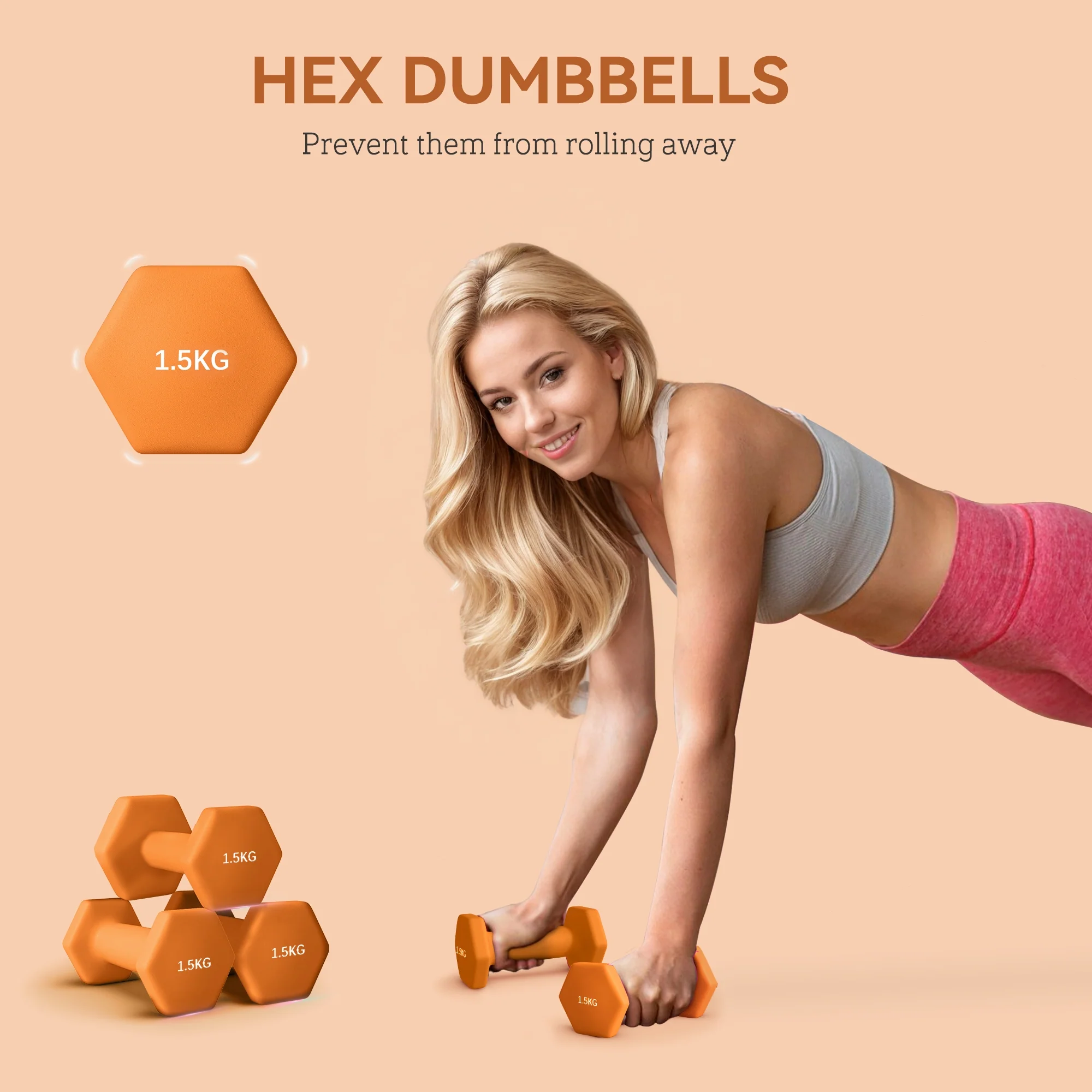 SPORTNOW Set of 2 Hexagonal Dumbbells Weights Pair, 2 x 1.5kg, Orange - Image 3