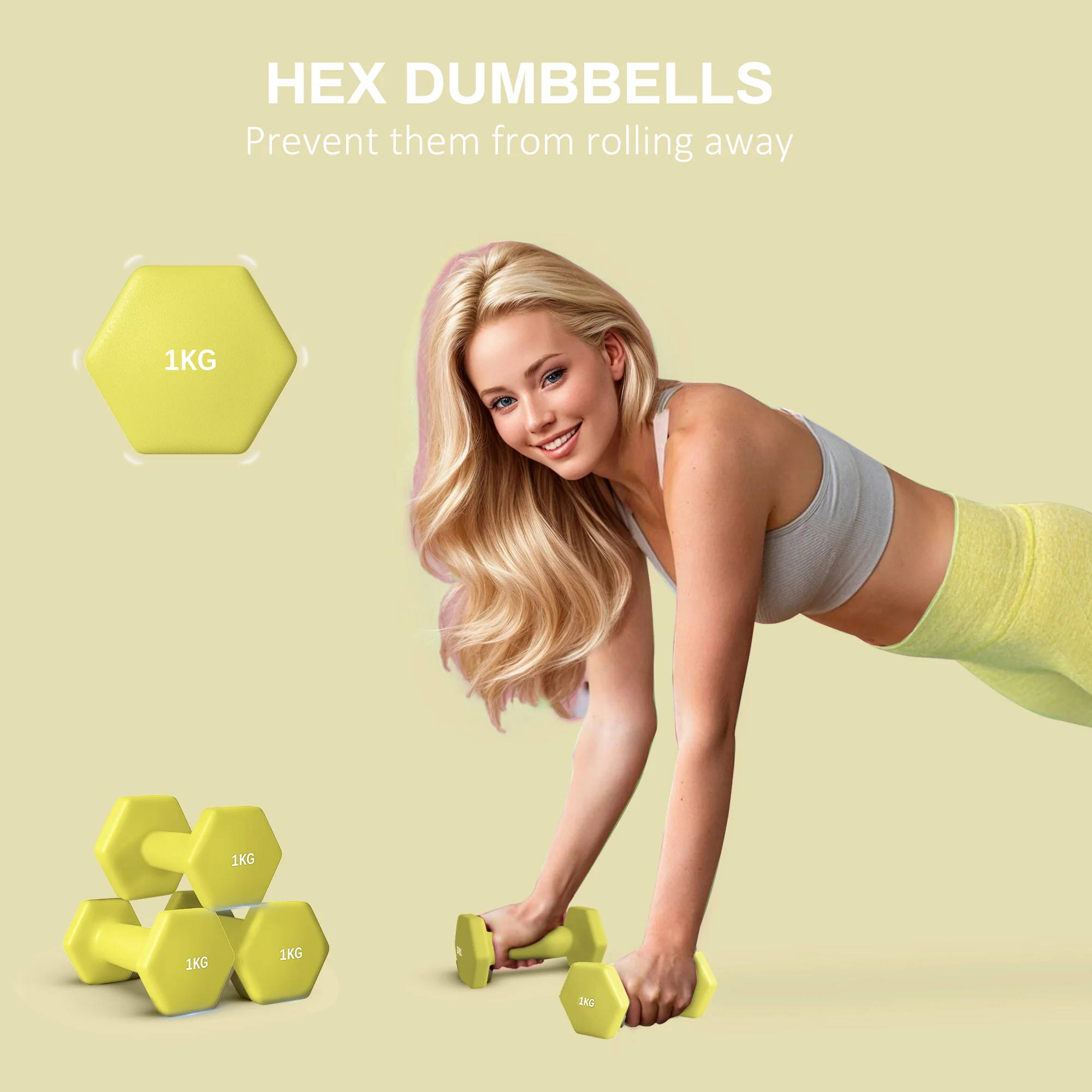 SPORTNOW Set of 2 Hexagonal Dumbbells Weights Pair, 2 x 1kg, Yellow - Image 3