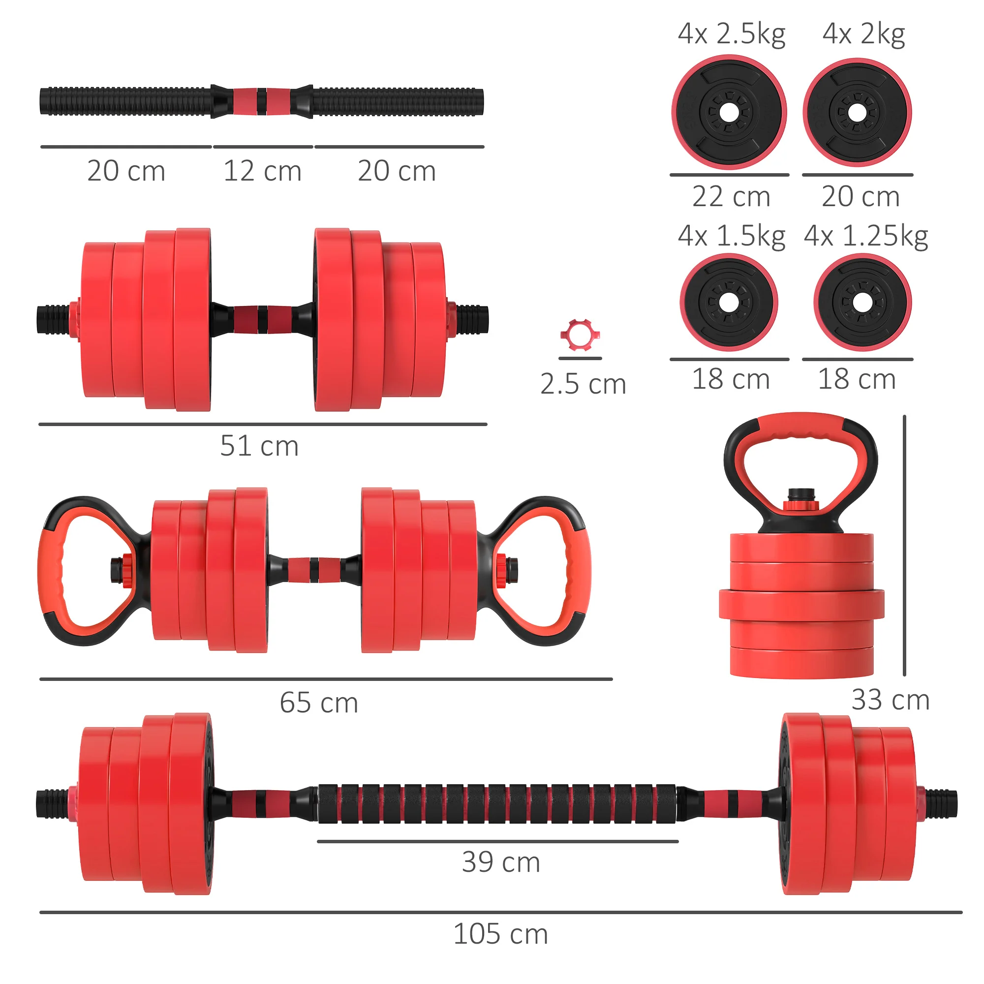 SPORTNOW Weight Dumbbells Set, Barbell, Kettlebell, Push Up Stand, 30kg - Image 5