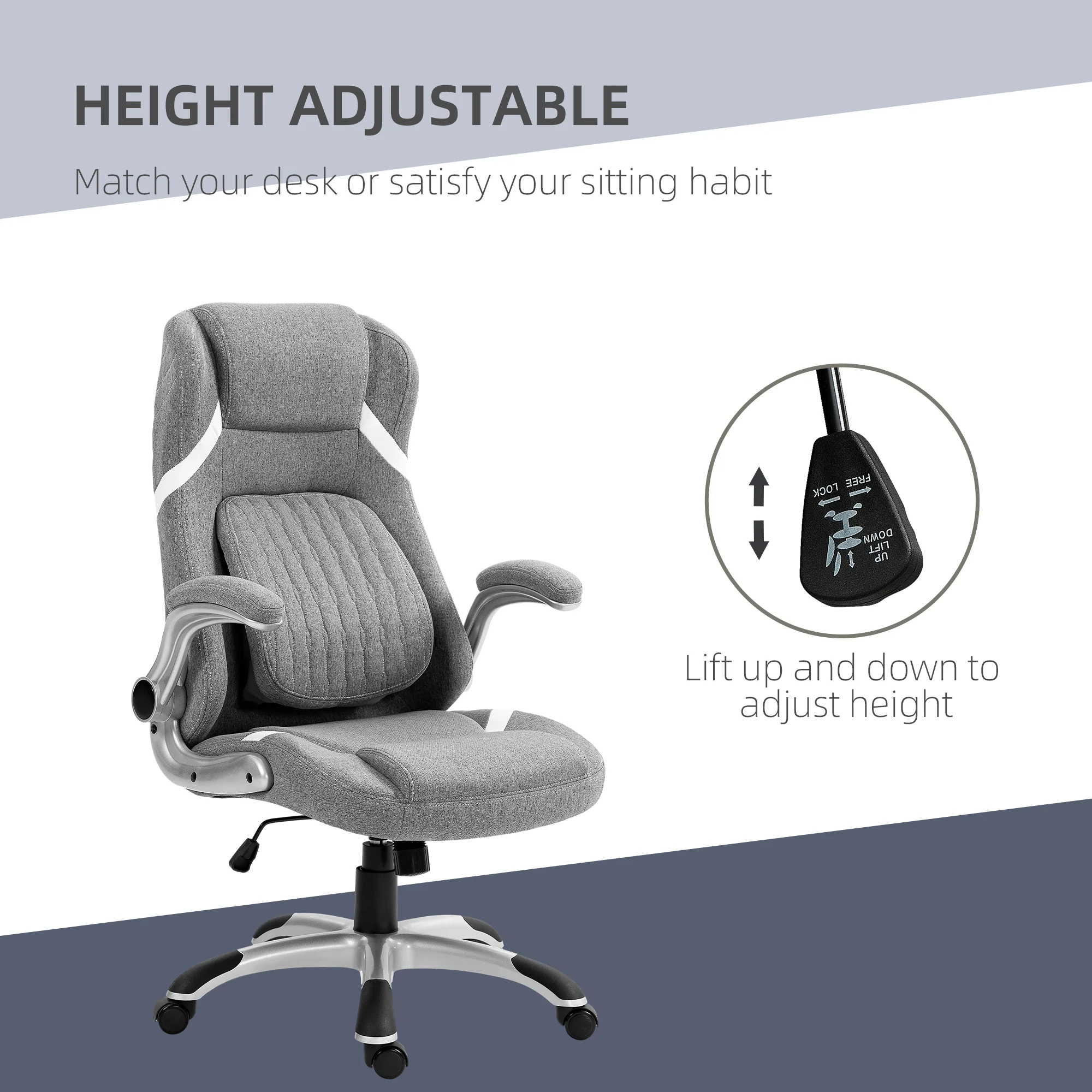 Vinsetto Fabric Office Desk Chair With Adjustable Height Tilt Function Grey - Image 3