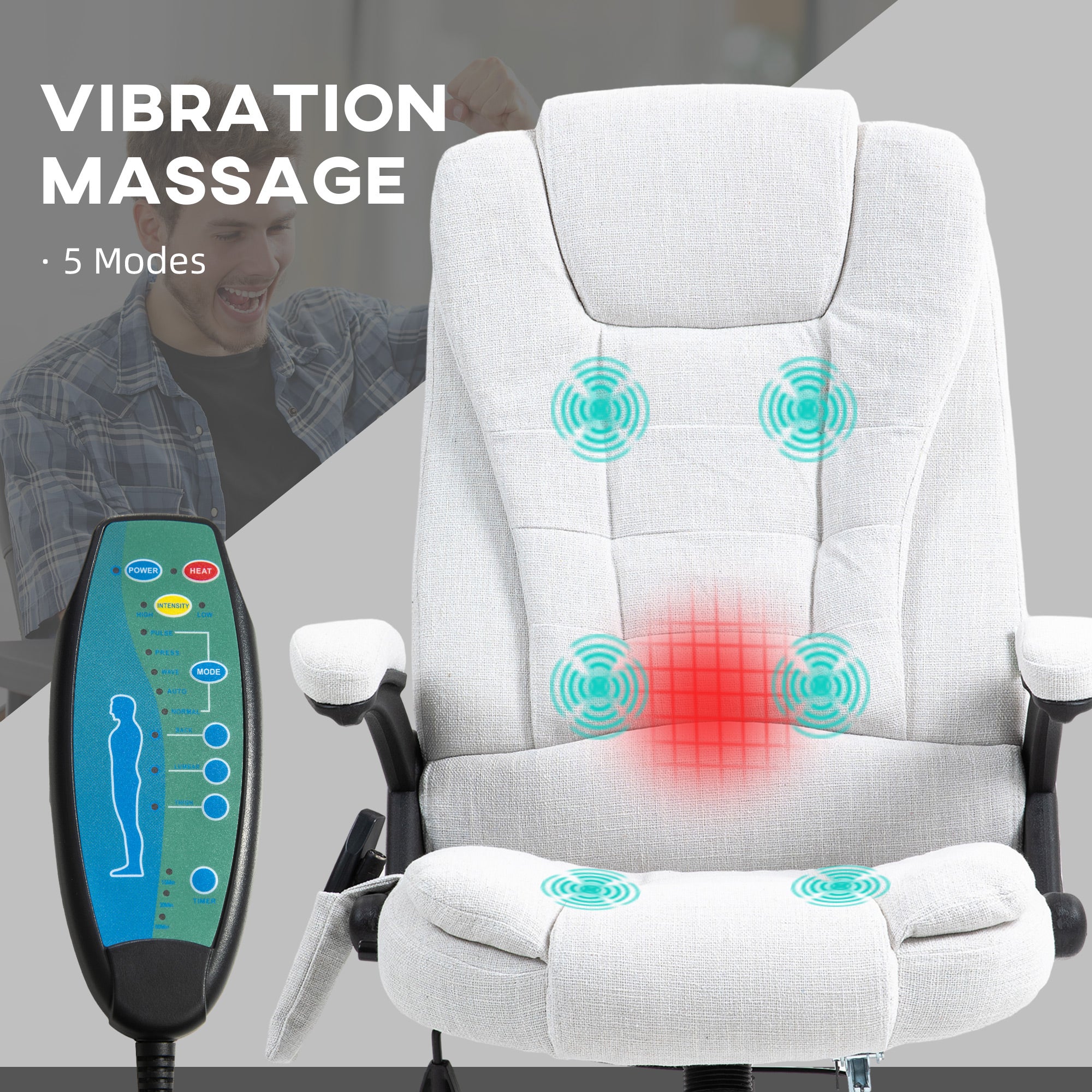 Vinsetto Office Chair W/ Heating Massage Points Relaxing Reclining Cream White - Image 3