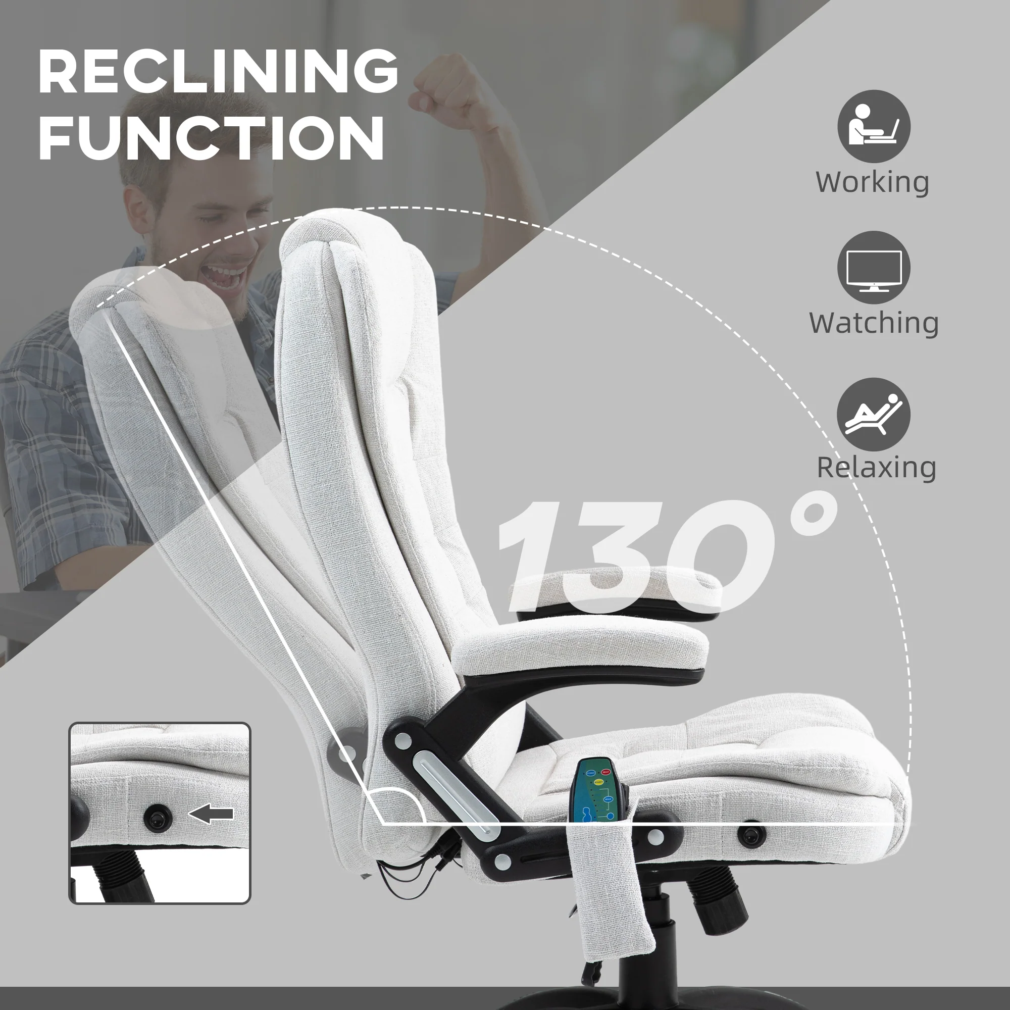 Vinsetto Office Chair W/ Heating Massage Points Relaxing Reclining Cream White - Image 7