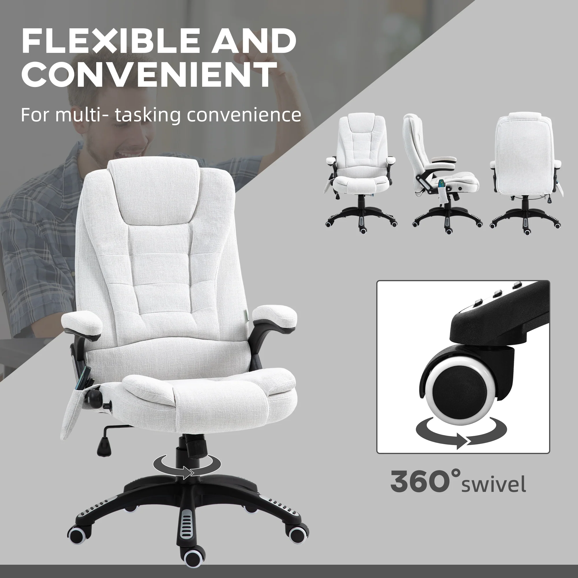 Vinsetto Office Chair W/ Heating Massage Points Relaxing Reclining Cream White - Image 8