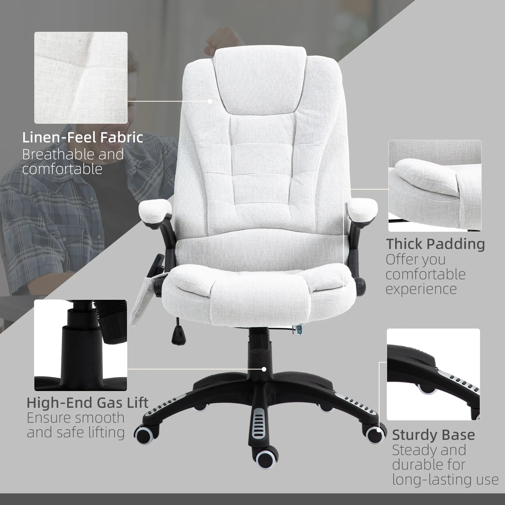 Vinsetto Office Chair W/ Heating Massage Points Relaxing Reclining Cream White - Image 9
