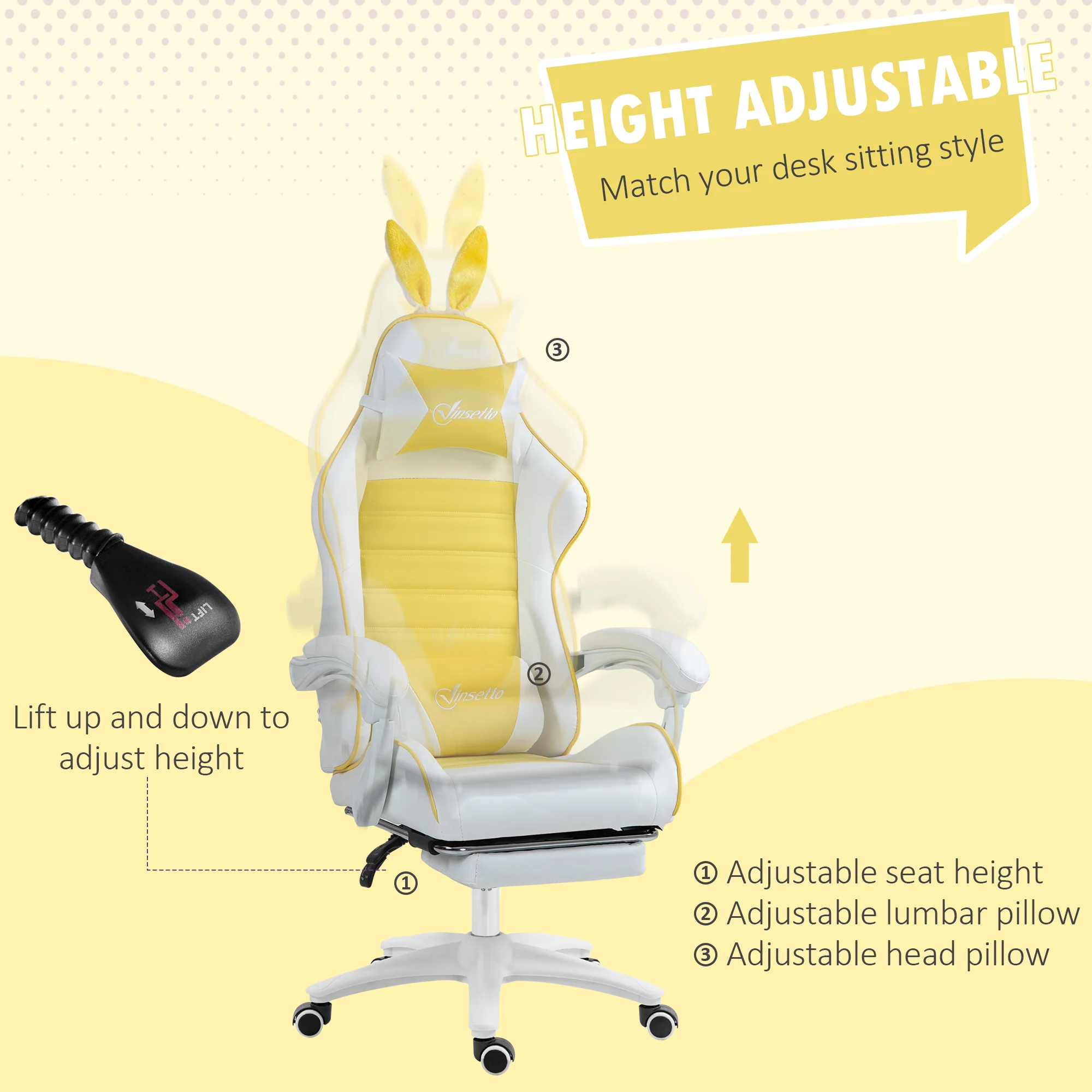 Vinsetto Racing Style Gaming Chair With Footrest Removable Rabbit Ears, Yellow - Image 4
