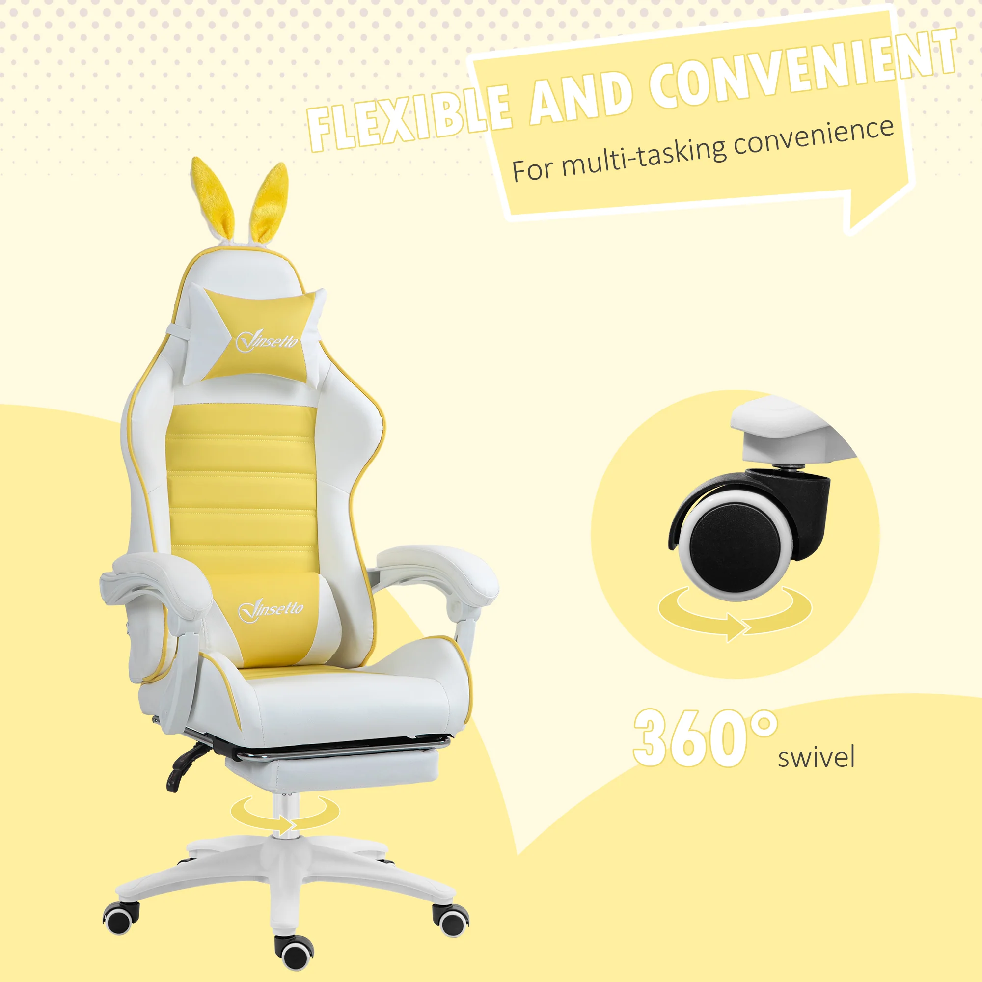 Vinsetto Racing Style Gaming Chair With Footrest Removable Rabbit Ears, Yellow - Image 7