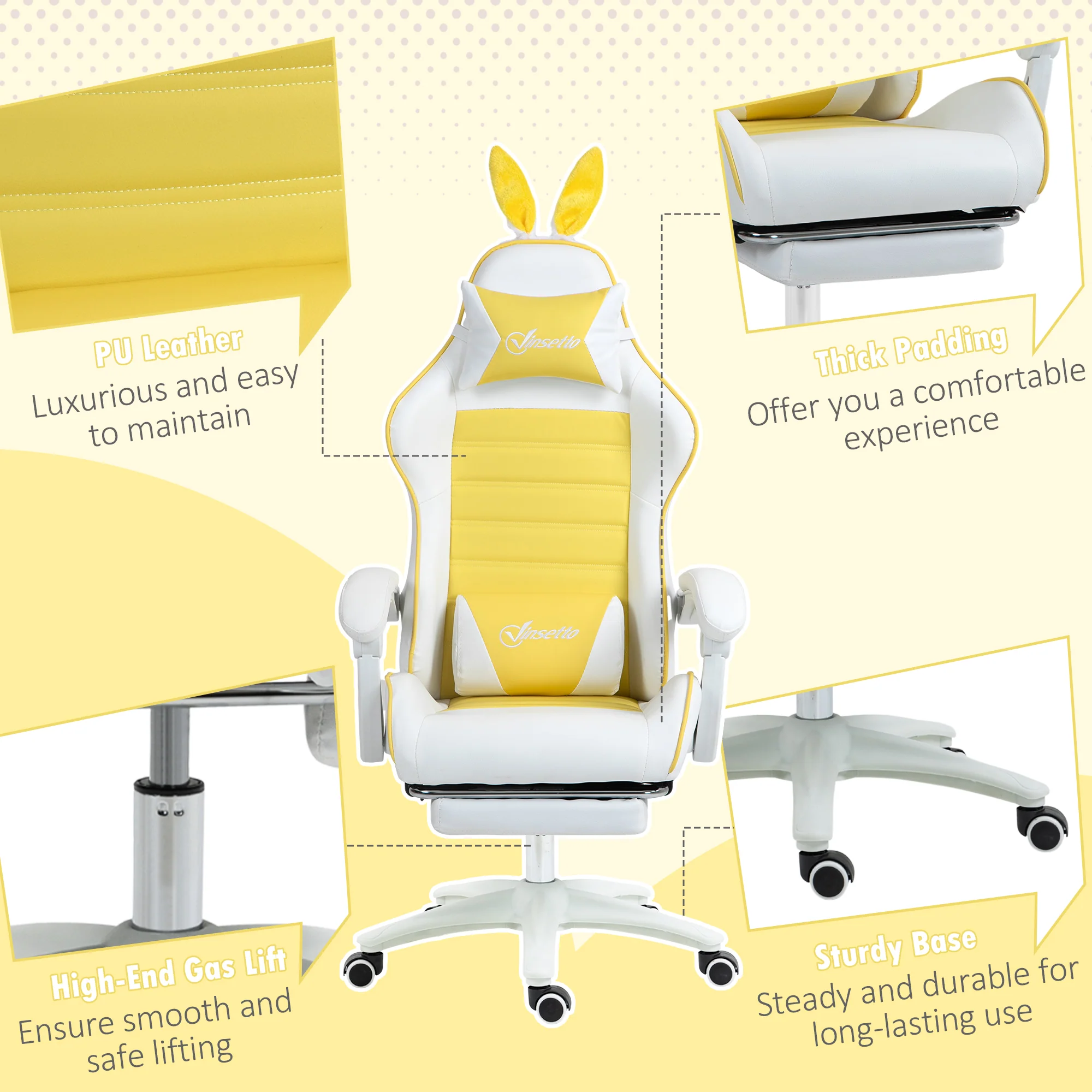 Vinsetto Racing Style Gaming Chair With Footrest Removable Rabbit Ears, Yellow - Image 8